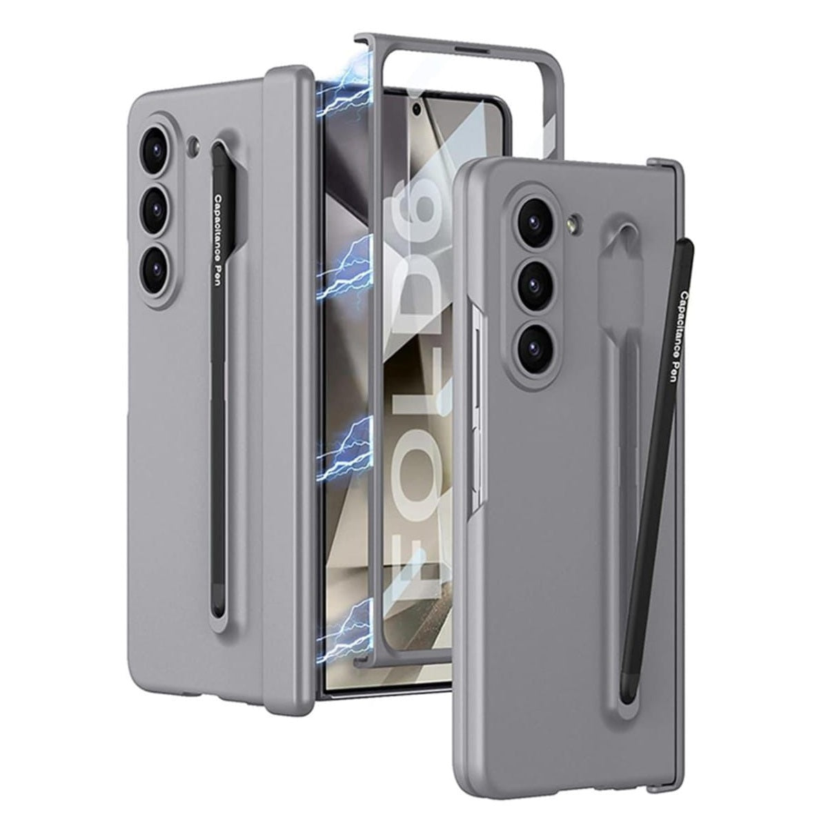 Samsung Galaxy Z Fold 6 Slim PC Case with Optical Magnetic Hinge Protection, Come with Colorful Stylus Pen & Front Glass - Gray