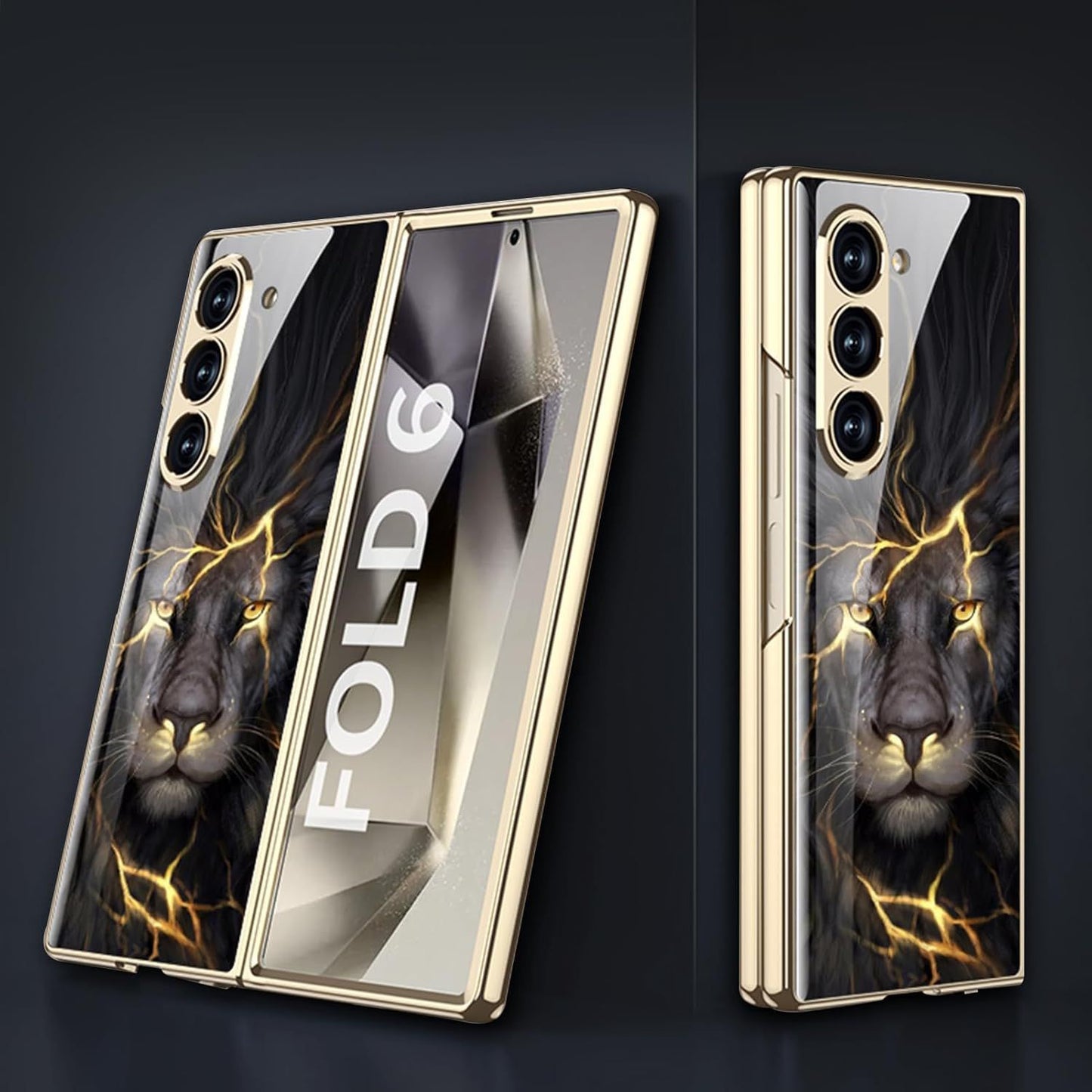 Samsung Galaxy Z Fold 6 Luxury Gold Plating Lion Glass Case with Font Glass - Black