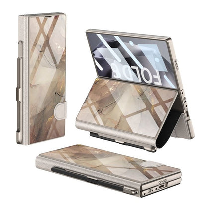 Samsung Galaxy Z Fold 6 Check Pattern Gkk Original Glass Flip Case with Front Glass Protection & S Pen Included - Brown - Cream