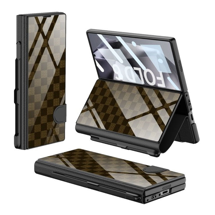 Samsung Galaxy Z Fold 6 Check Pattern Gkk Original Glass Flip Case with Front Glass Protection & S Pen Included - Brown