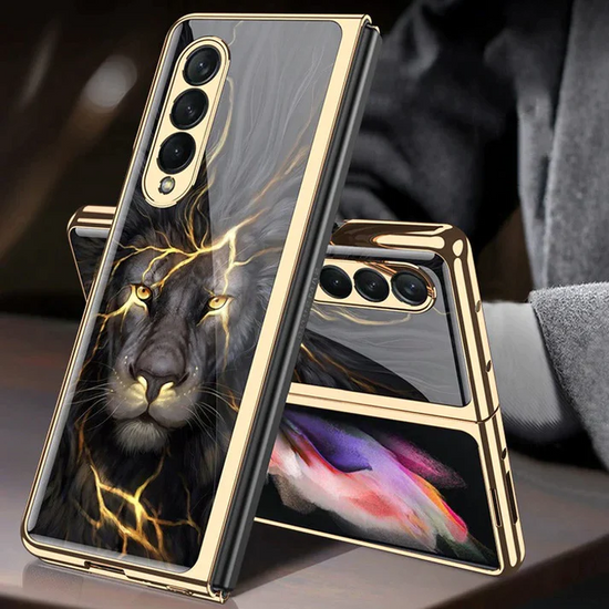 Samsung Galaxy Z Fold 3 Lion Pattern Glass Case-Gold