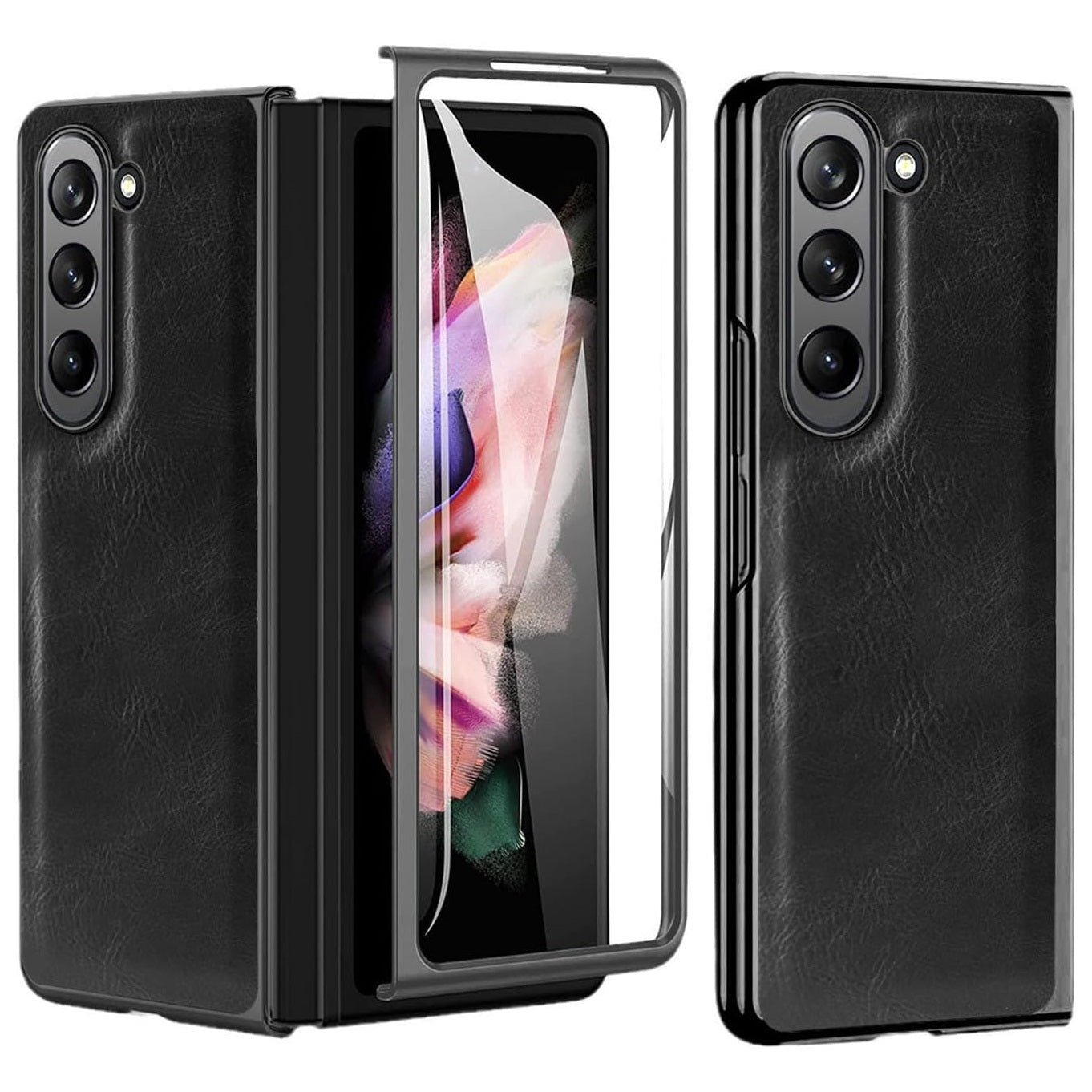 Samsung Galaxy Z Fold6 Chrome Plated Leather Case With Front Glass Protection - Black