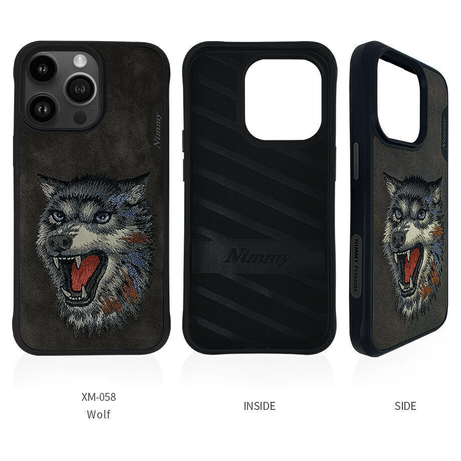 iPhone 15 Pro Max Nimmy Dazzling Series Embroidery Leather Case - Wolf