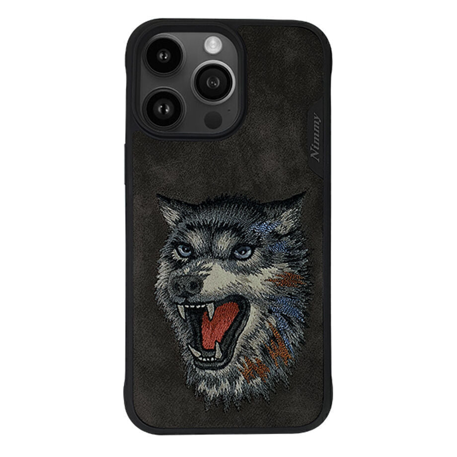 iPhone 15 Pro Max Nimmy Dazzling Series Embroidery Leather Case - Wolf