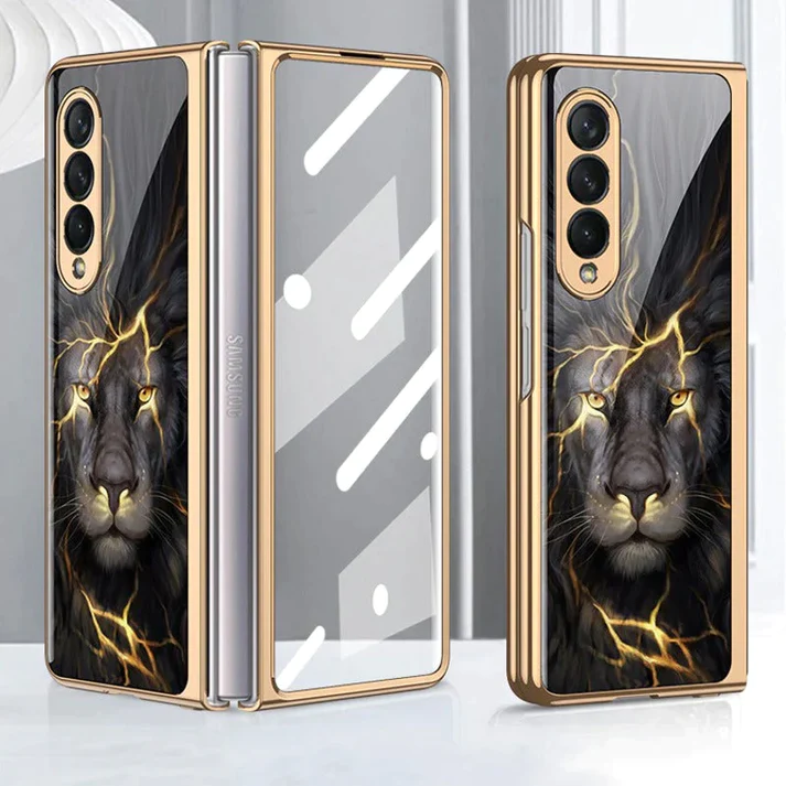 Samsung Galaxy Z Fold 3 Lion Pattern Glass Case-Gold