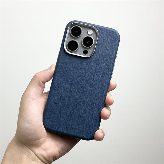 iPhone 15 Pro Genuine Leather Case Luxury Business Style Back Cover Case - Blue