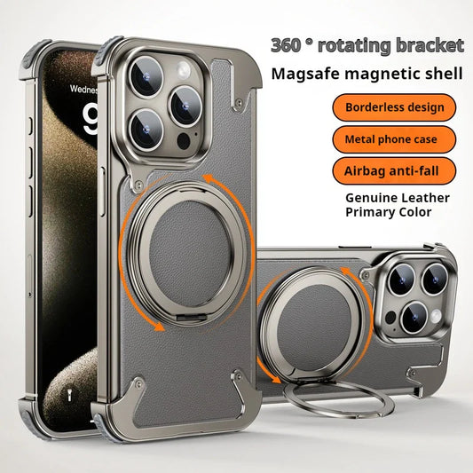 iPhone 15 Pro Metal Rimless Leather Rotating Ring Impact Resistance Casing with MagSafe - Titanium