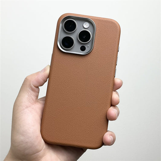 iPhone 15 Pro Genuine Leather Case Luxury Business Style Back Cover - Brown