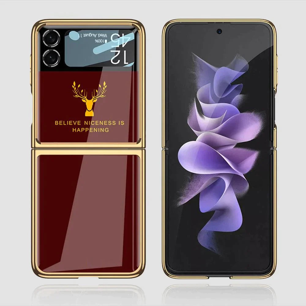 Samsung Galaxy Z Flip 4 Deer Pattern Glass Case-Wine