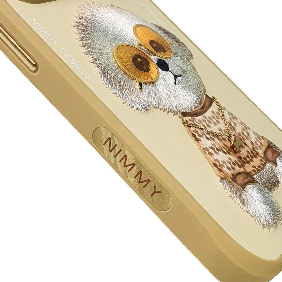 iPhone 15 Plus Nimmy Embroidery Leather Shockproof Case - Gold