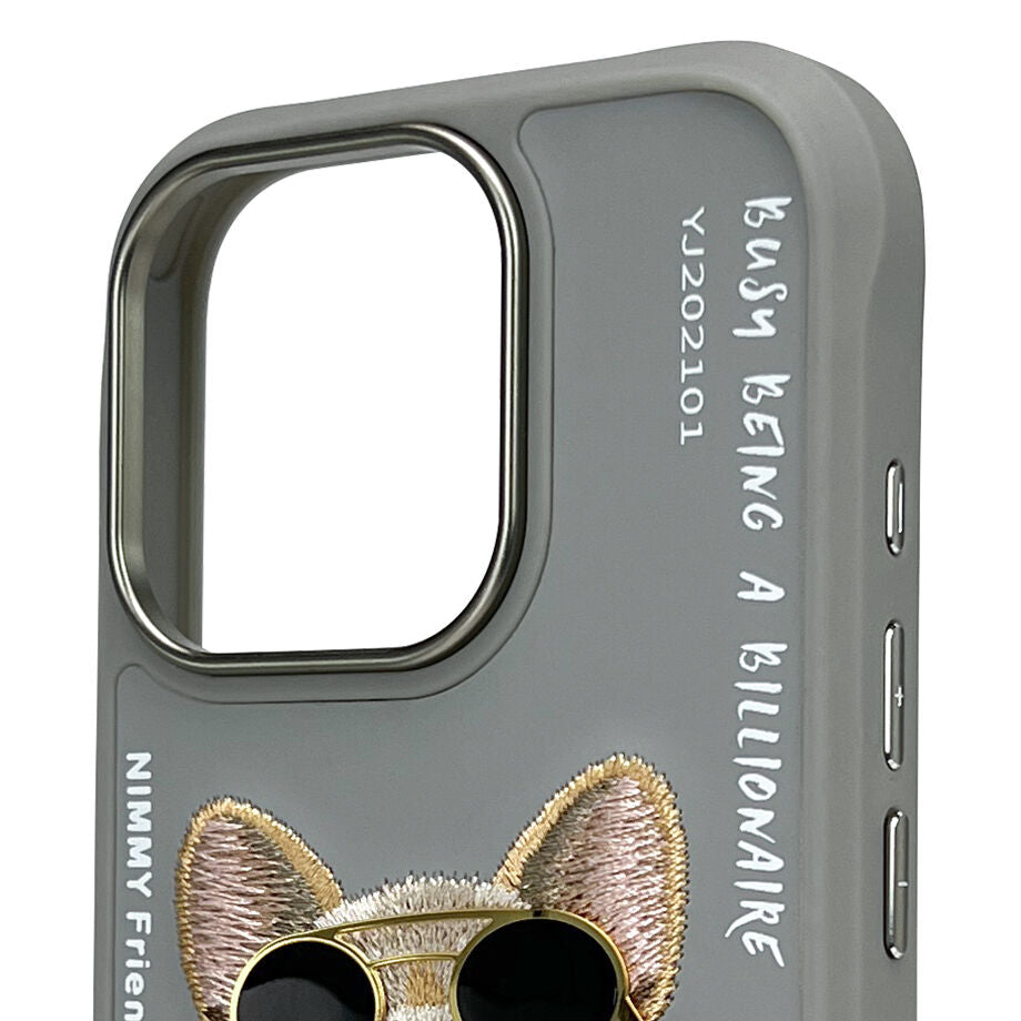 iPhone 16 Pro Max Nimmy Official Embroidery Chain Series Back Cover - Gray Dog