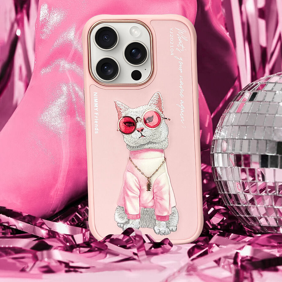 iPhone 16 Pro Max Nimmy Official Embroidery Chain Series Back Cover - Pink Cat