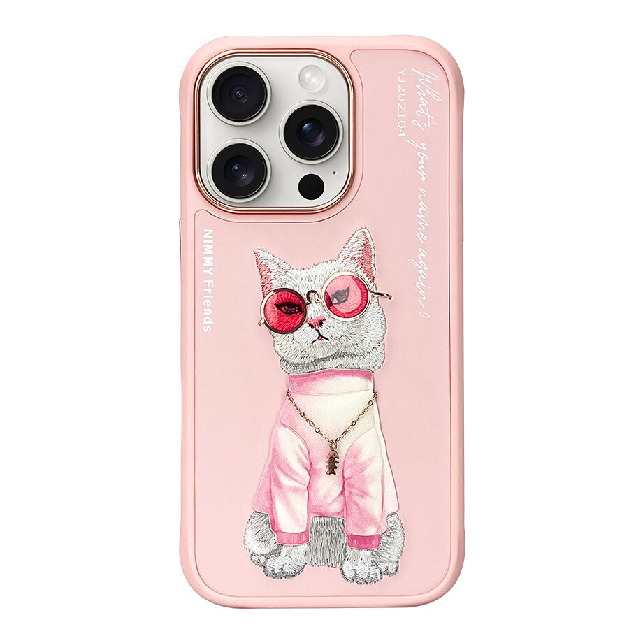 iPhone 16 Pro Max Nimmy Official Embroidery Chain Series Back Cover - Pink Cat