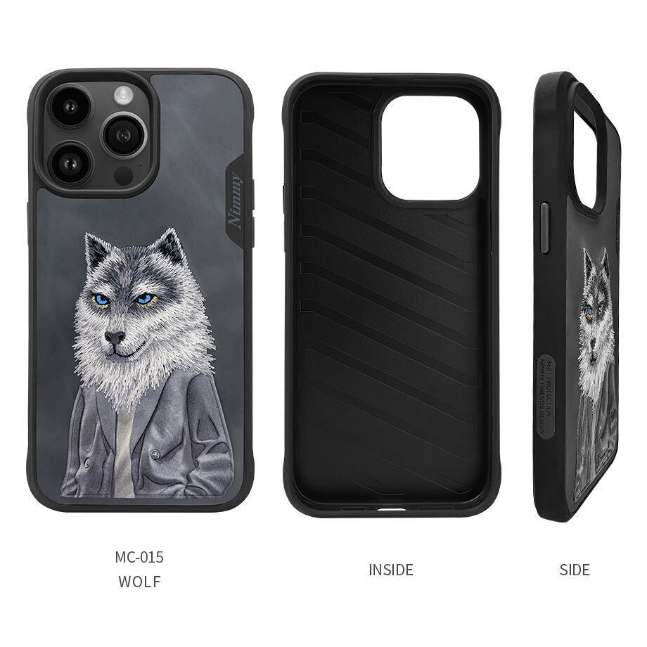 Nimmy Embroidery for iPhone 14 Pro TPU+PU Leather Shockproof Fashion Series-Wolf