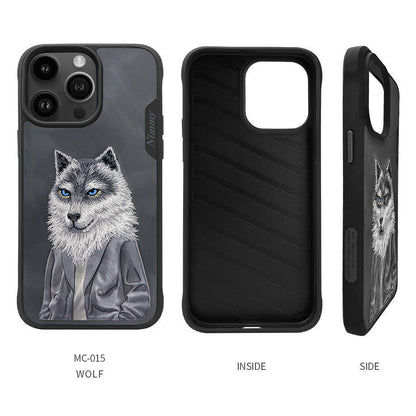 Nimmy Embroidery for iPhone 14 TPU+PU Leather Shockproof Fashion Series-Wolf