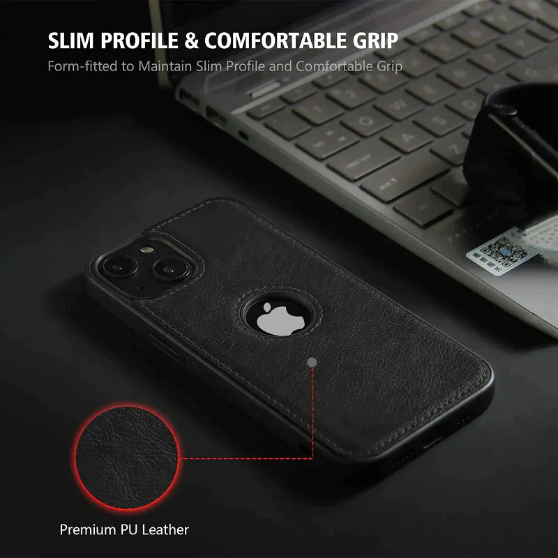 FINE STITCHING iPhone 15 Leather Case Back Cover- Black