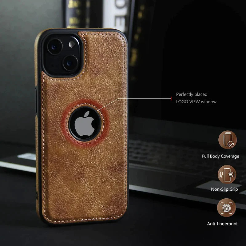 Fine Stitiching iPhone 15 Leather Case Back Cover- Brown