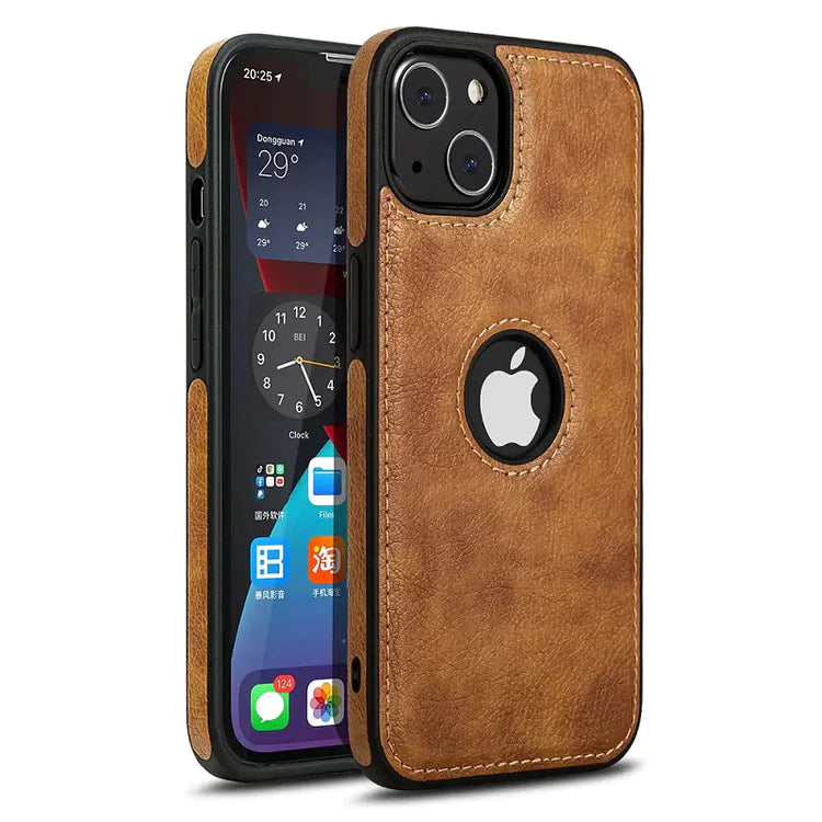 Fine Stitiching iPhone 15 Leather Case Back Cover- Brown