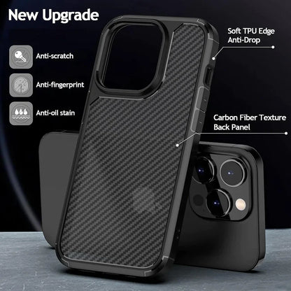 iPhone 15 Pro Max Carbon Fiber Texture Shockproof Case - Black