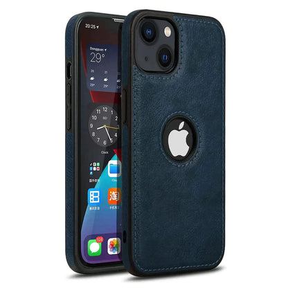 iPhone 14 Plus Classic Luxury Elegant PU Leather Case Cover with Logo Cut  - Blue