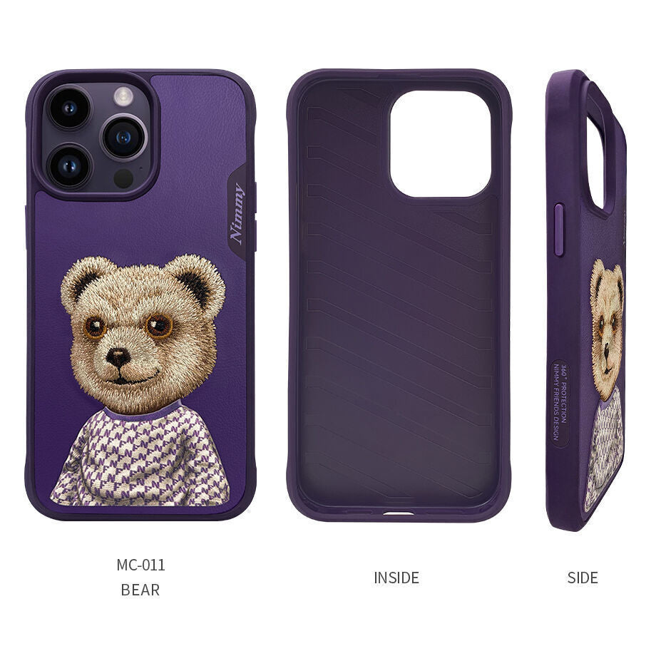 Nimmy Embroidery for iPhone 14 Pro TPU+PU Leather Shockproof Fashion Series-Bear