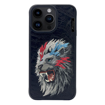 Nimmy Embroidery for iPhone 14 TPU+PU Leather Shockproof Dazzling Series-Lion