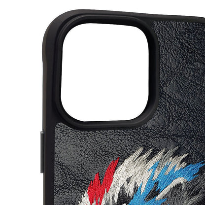 iPhone 15 Pro Nimmy Dazzling Series Embroidery Leather Case - Lion