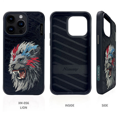 Nimmy Embroidery for iPhone 14 TPU+PU Leather Shockproof Dazzling Series-Lion