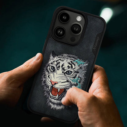 iPhone 14 Pro Max Nimmy Embroidery Dazzling Series Leather Shockproof Case - Tiger