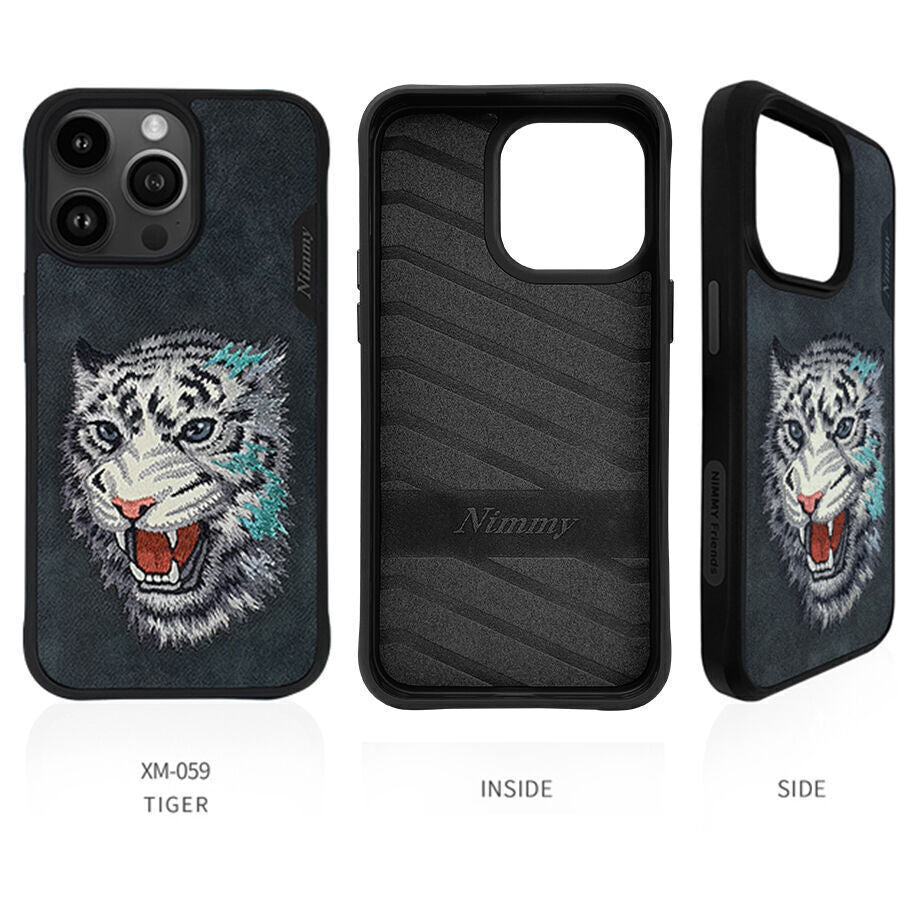 iPhone 14 Pro Max Nimmy Embroidery Dazzling Series Leather Shockproof Case - Tiger