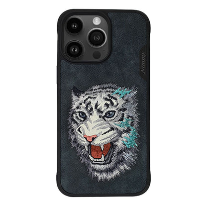 Nimmy Embroidery for iPhone 14 Pro TPU+PU Leather Shockproof Dazzling Series-Tiger