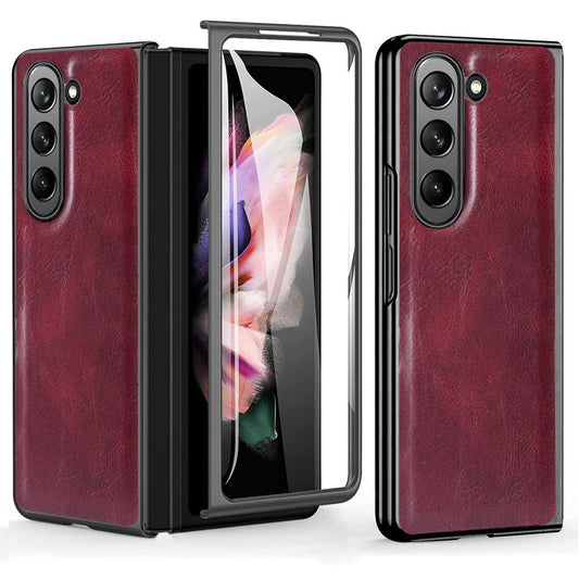 Samsung Galaxy Z Fold 5 Chrome Plated Leather Case With Front Glass - Red