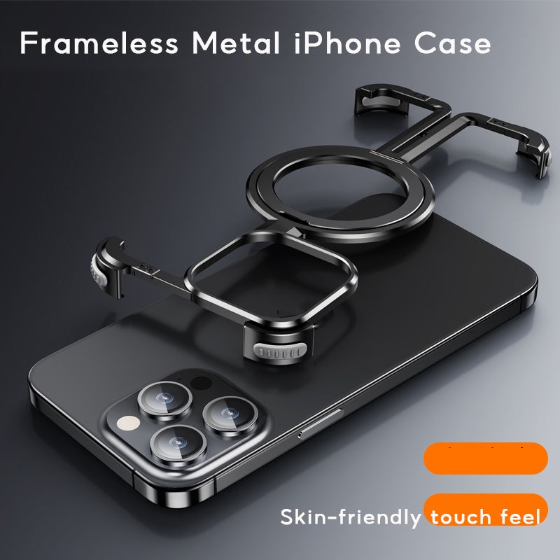 iPhone 15 Pro Max Pure Metal Framless Magnetic Impact Resistance Bumper Case with Stand - Black