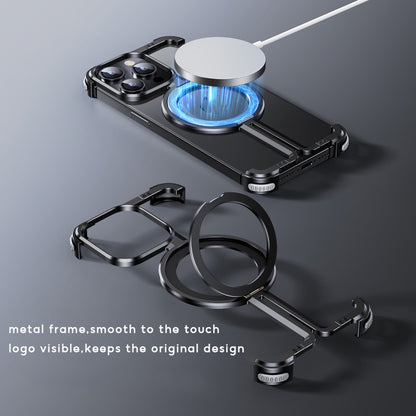 iPhone 15 Pro Max Pure Metal Framless Magnetic Impact Resistance Bumper Case with Stand - Black