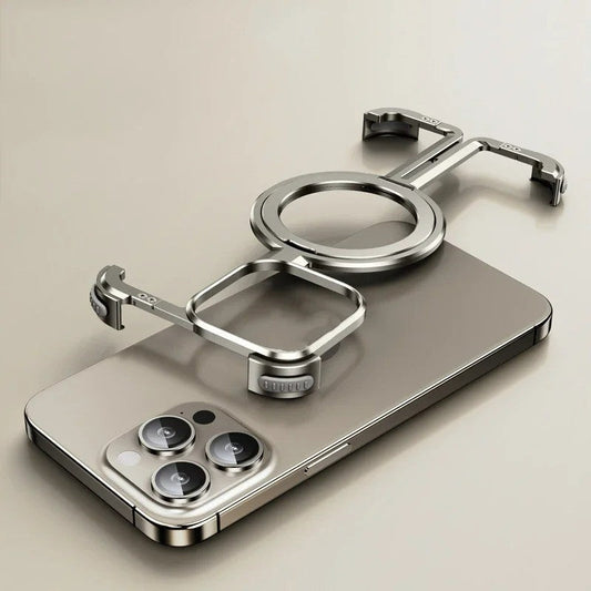 iPhone 15 Pro Pure Metal Framless Magnetic Impact Resistance Bumper Case with Stand - Titanium