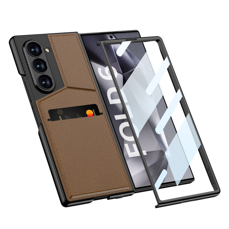 Samsung Z Fold 6 GKK Luxury Wallet Card Holder Stand Leather Case WIth Glass Protector - Brown