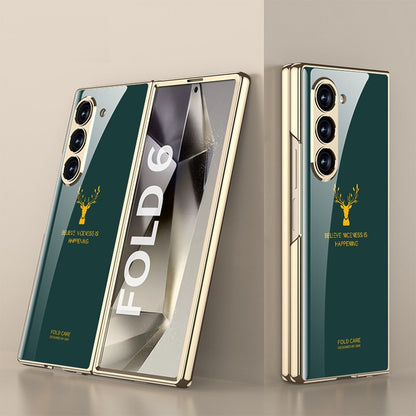 Samsung Galaxy Z Fold 6 Luxury Gold Plating Deer Glass Case with Font Glass - Green