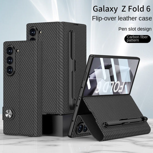 Samsung Galaxy Z Fold 6 Book Type Flip Business Leather Case with Front Glass Protection & Stylus Included - Carbon Black