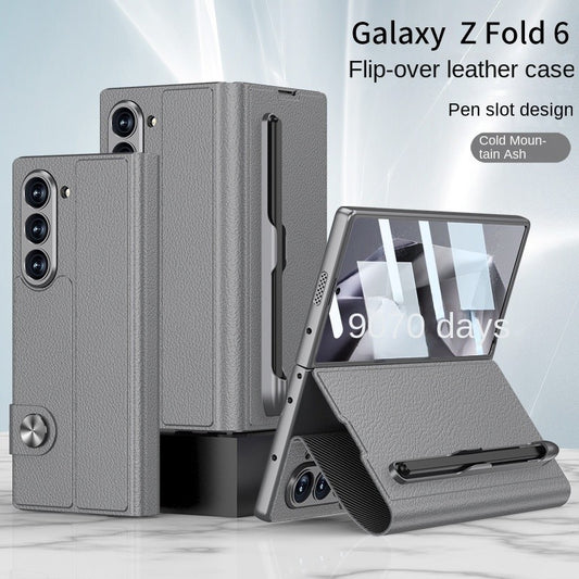 Samsung Galaxy Z Fold 6 Book Type Flip Business Leather Case with Front Glass Protection & Stylus Included - Grey