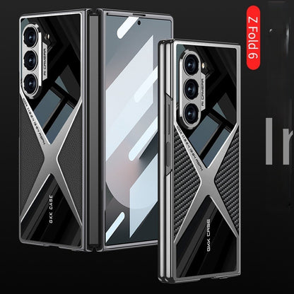 Samsung Galaxy Z Fold 6 Gkk Original X Pattern Leather & Glass Back Cover with Front Glass - Carbon