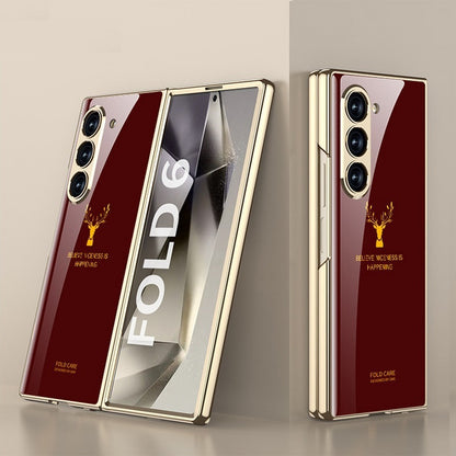 Samsung Galaxy Z Fold 6 Luxury Gold Plating Deer Glass Case with Font Glass - Red