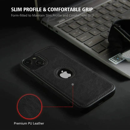 iPhone 14 PU Leather Case Cover with Classic Luxury Elegant Look - Black