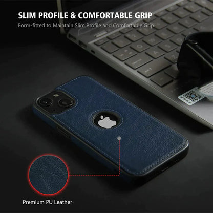 iPhone 14 Classic Luxury Elegant PU Leather Case Cover with Logo Cut  - Blue